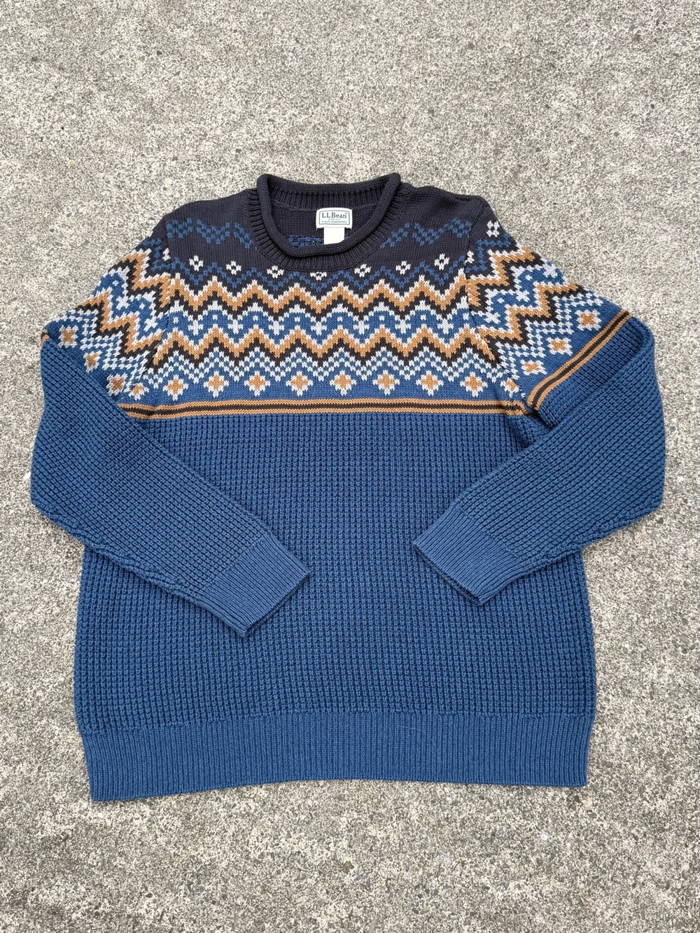 L.L. Bean Blue Fair Isle Roll Neck Sweater 100% Cotton Size L Cozy Nordic Knit